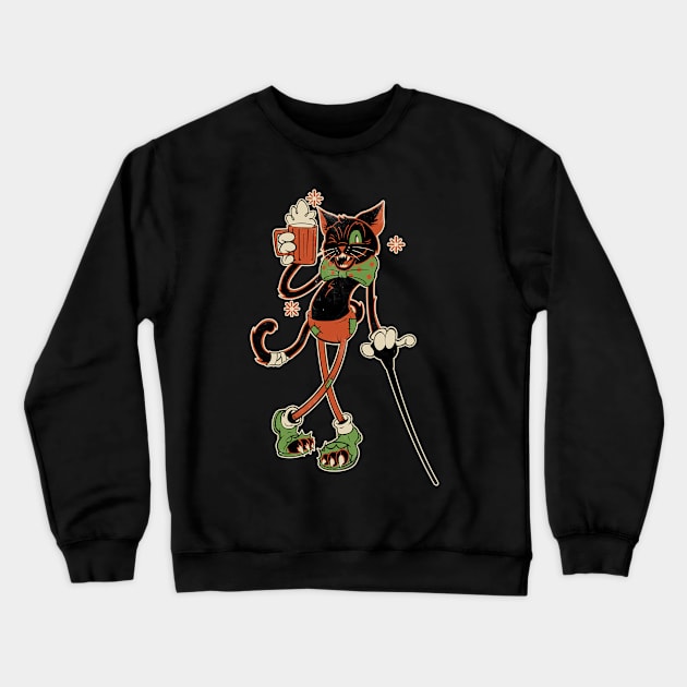 Drunk Halloween Cat Crewneck Sweatshirt by BrianBrainStudio